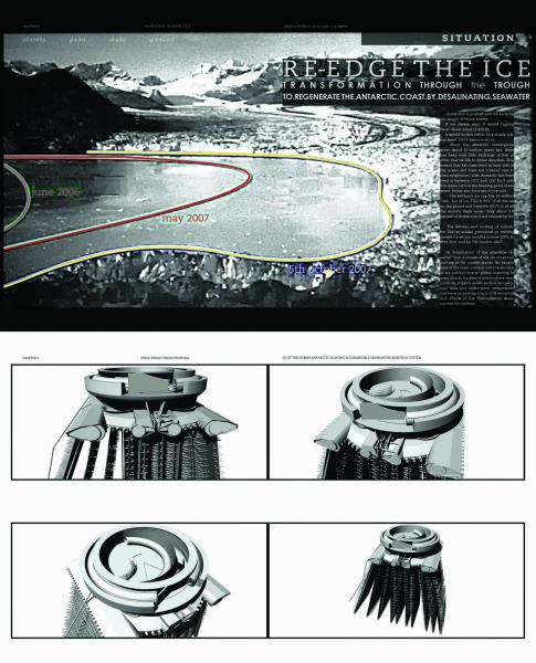 A. Drawings on photo: situation - the retreat of glacier in Greenland 

B. 3D design: intent - design proposal of the hybrid antarctic floating and submersible observatory robotics/system, incorporating semi-permeable membranes distributed at ice shelf/shelves'front to regenerate Antarctica's coastline by desalinating seawater; re-edge the ice. 